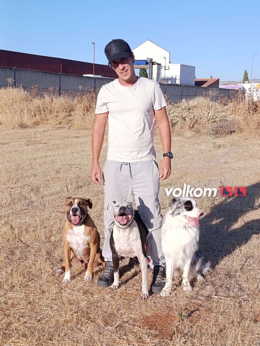 Alejandro Iglesias con tres perros sentados a su lado en el campo